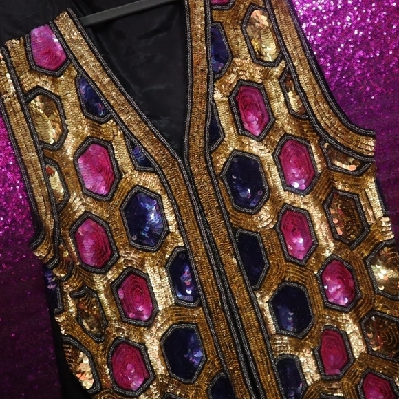 VINTAGE SEQUIN VEST 1X Silk Statement True Unisex Black Gold Jakelin India HTF - Picture 1 of 9